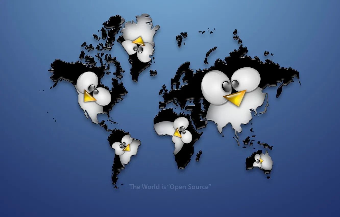 Photo wallpaper continents, penguin, linux, world map