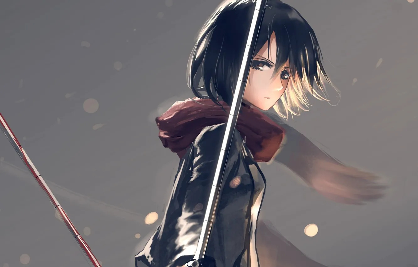 Photo wallpaper look, blood, scarf, grey background, swords, military uniform, Shingeki no Kyojin, Mikasa Ackerman