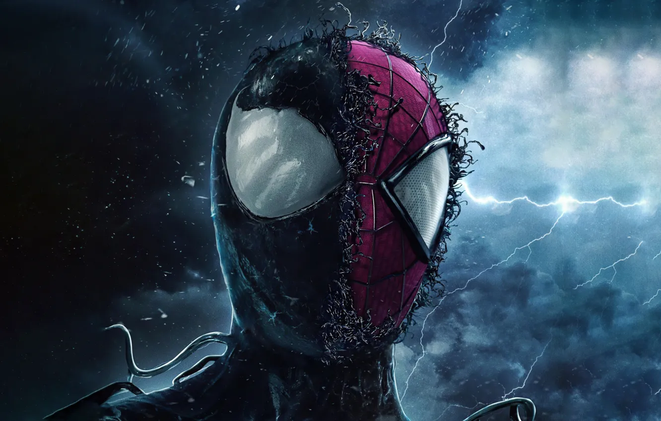 Photo wallpaper rain, clouds, Marvel, movie, Venom, Thunder, Spider Man