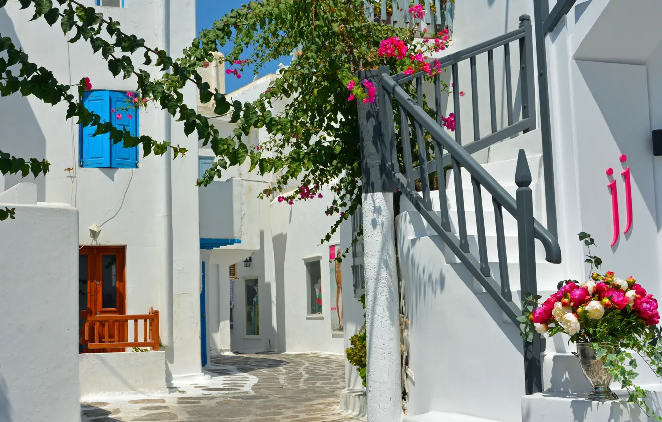 Photo wallpaper flowers, Greece, ladder, street, Greece, Mykonos, Mykonos