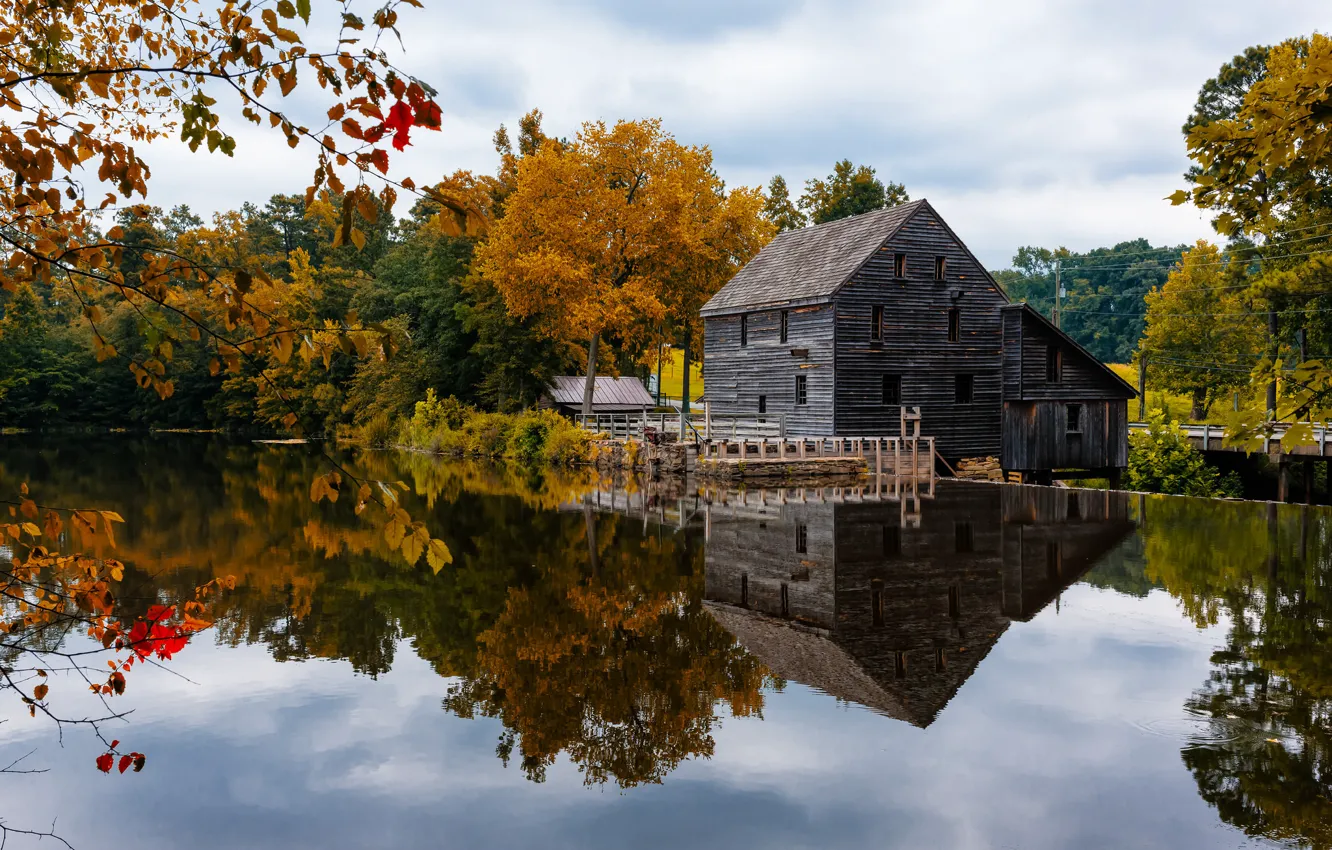 Photo wallpaper autumn, the sky, trees, house, pond
