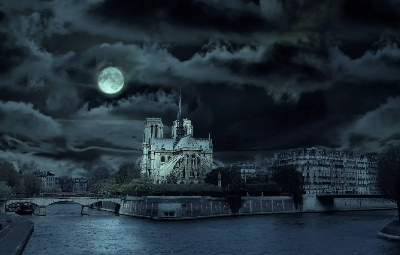 Photo wallpaper clouds, bridge, river, Paris, a month, France, Notre Dame Cathedral, Notre Dame de Paris