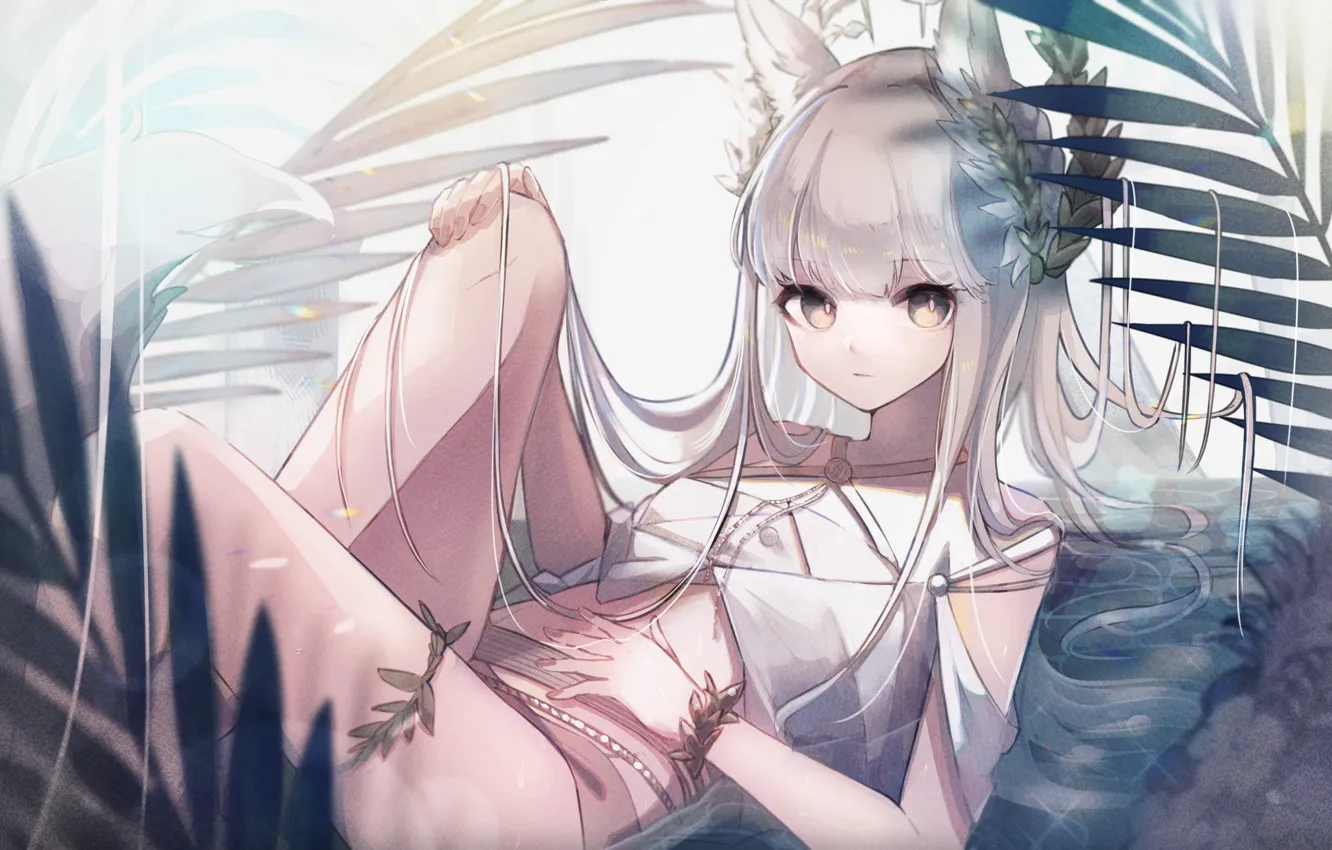 Photo wallpaper leaves, girl, ears, Platinum, Arknights