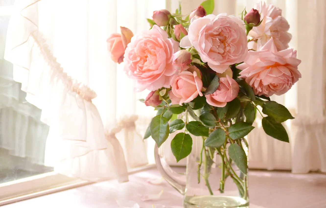 Photo wallpaper roses, bouquet, petals, window