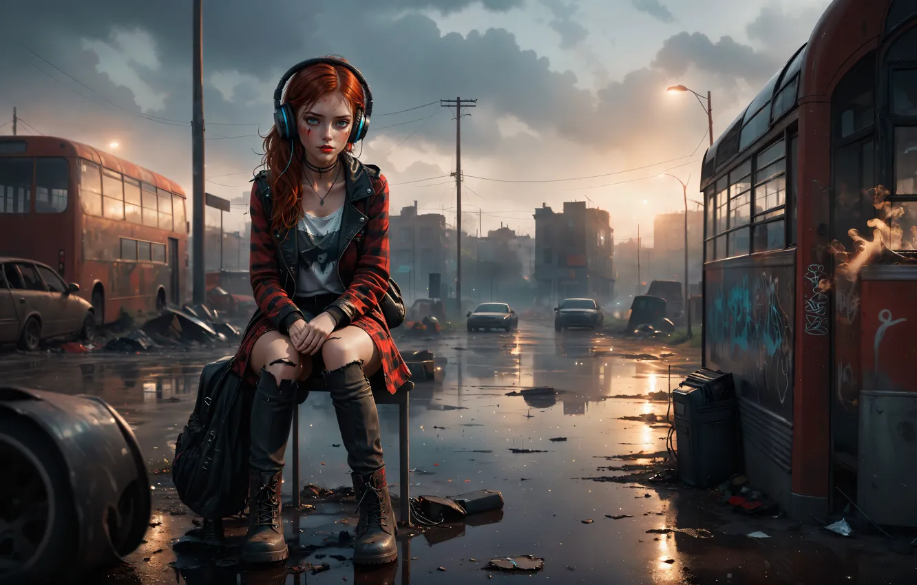 Photo wallpaper puddle, listening to music, digital art, digital art, red-haired girl, city street, artificial intelligence, Stable …