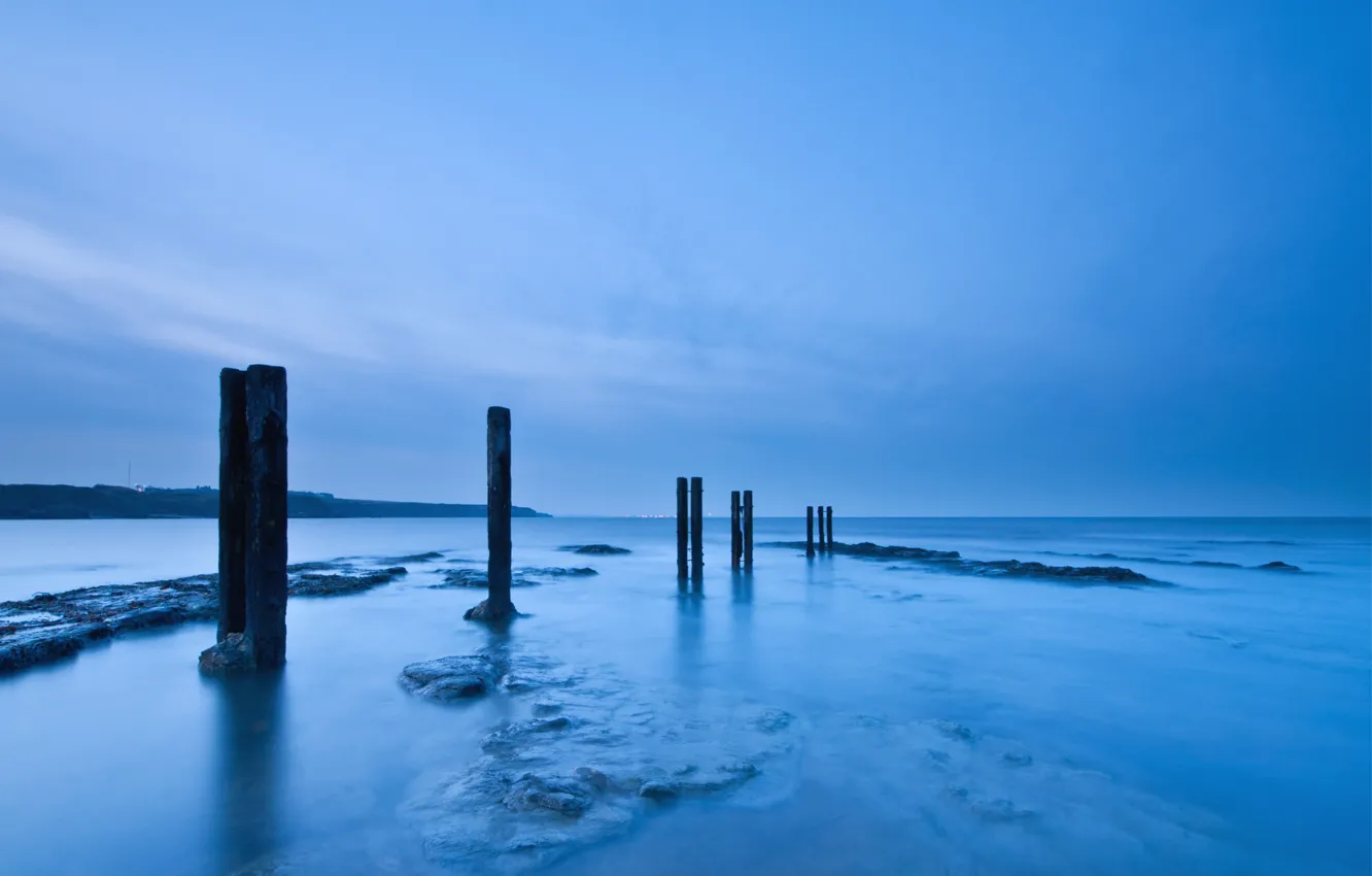 Photo wallpaper shore, posts, England, the evening, UK, wooden, North sea