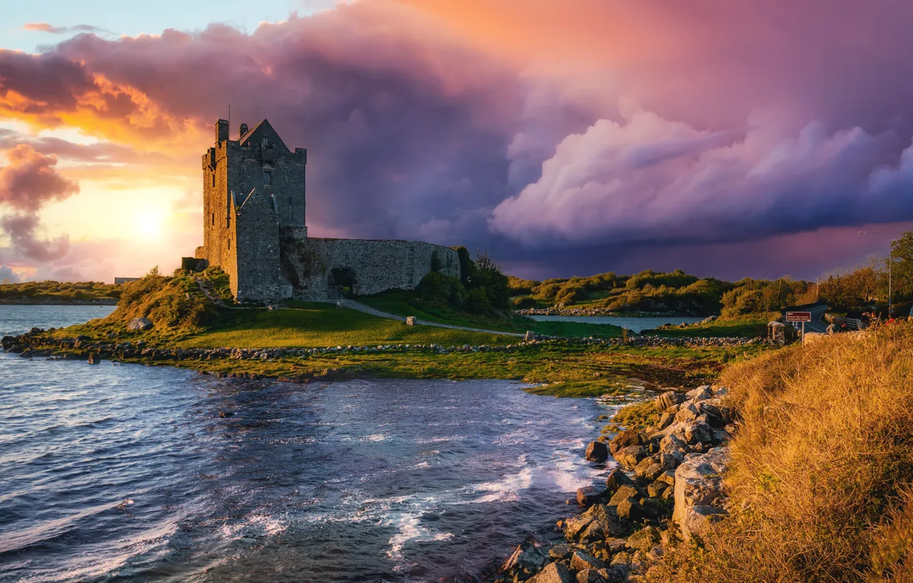 Photo wallpaper castle, shore, fortress, Ireland, pond, Dunguaire, Dangwire Castle