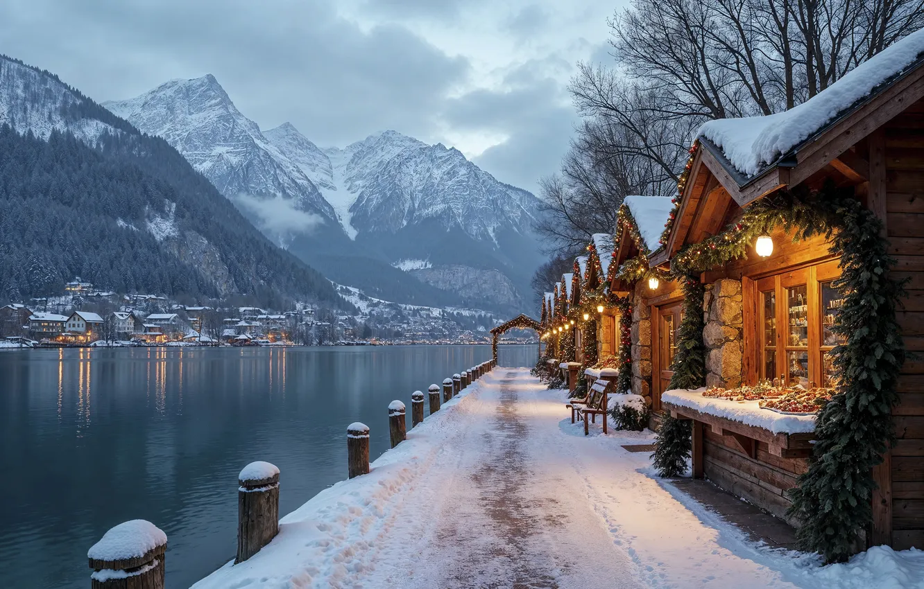 Photo wallpaper winter, snow, decoration, mountains, city, the city, lake, street