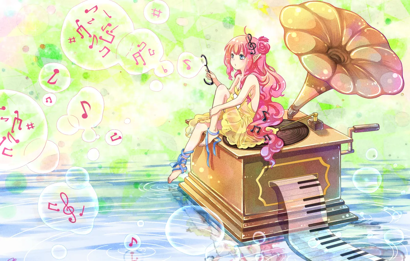 Photo wallpaper water, girl, flowers, notes, music, bubbles, roses, anime