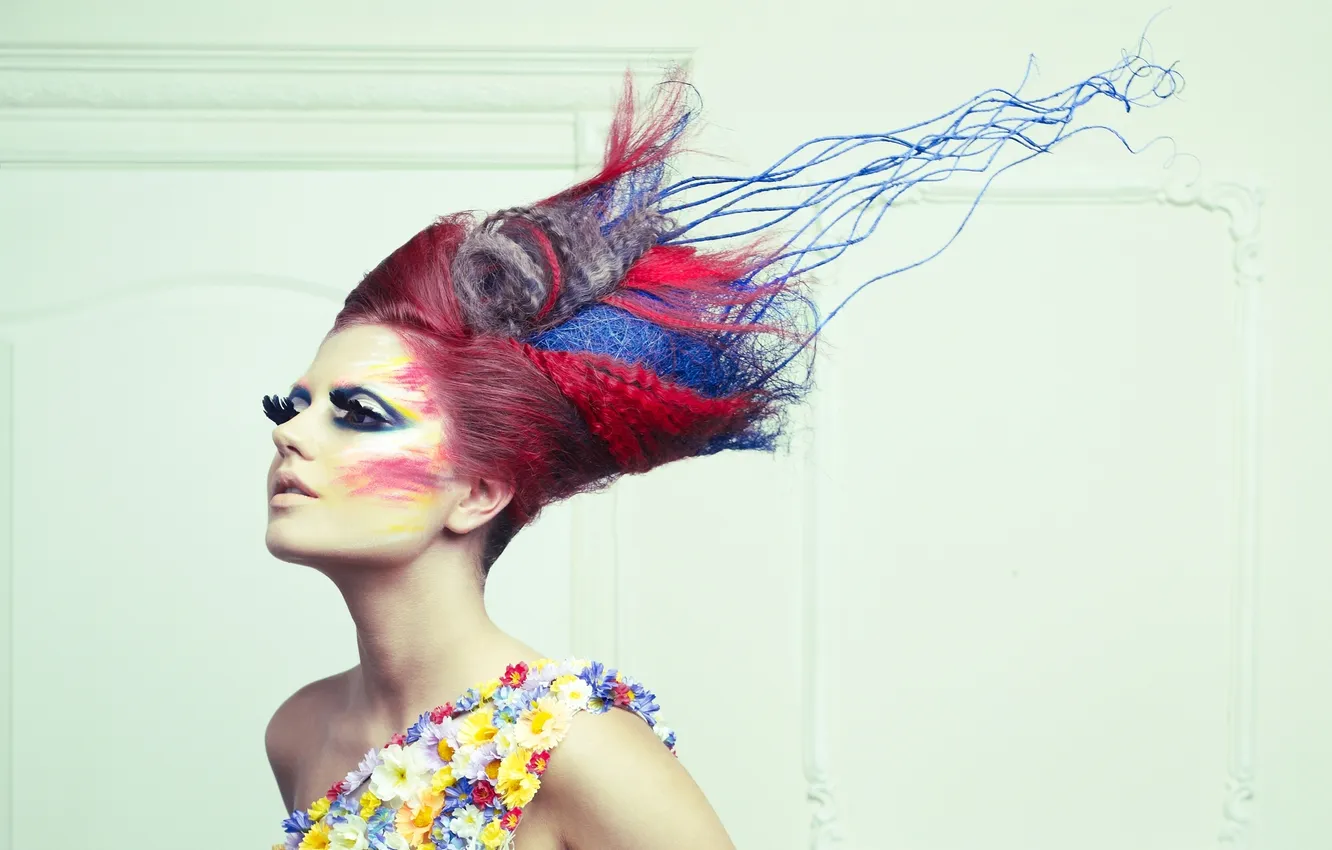 Photo wallpaper girl, flowers, creative, paint, makeup, hairstyle, thread