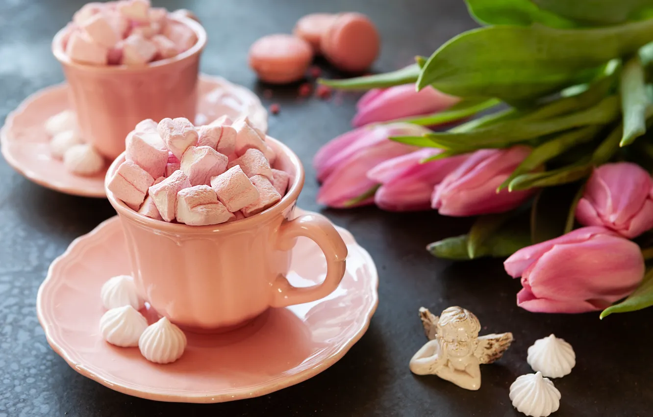 Photo wallpaper bouquet, Cup, tulips, marshmallows, marshmallow, Ellygri