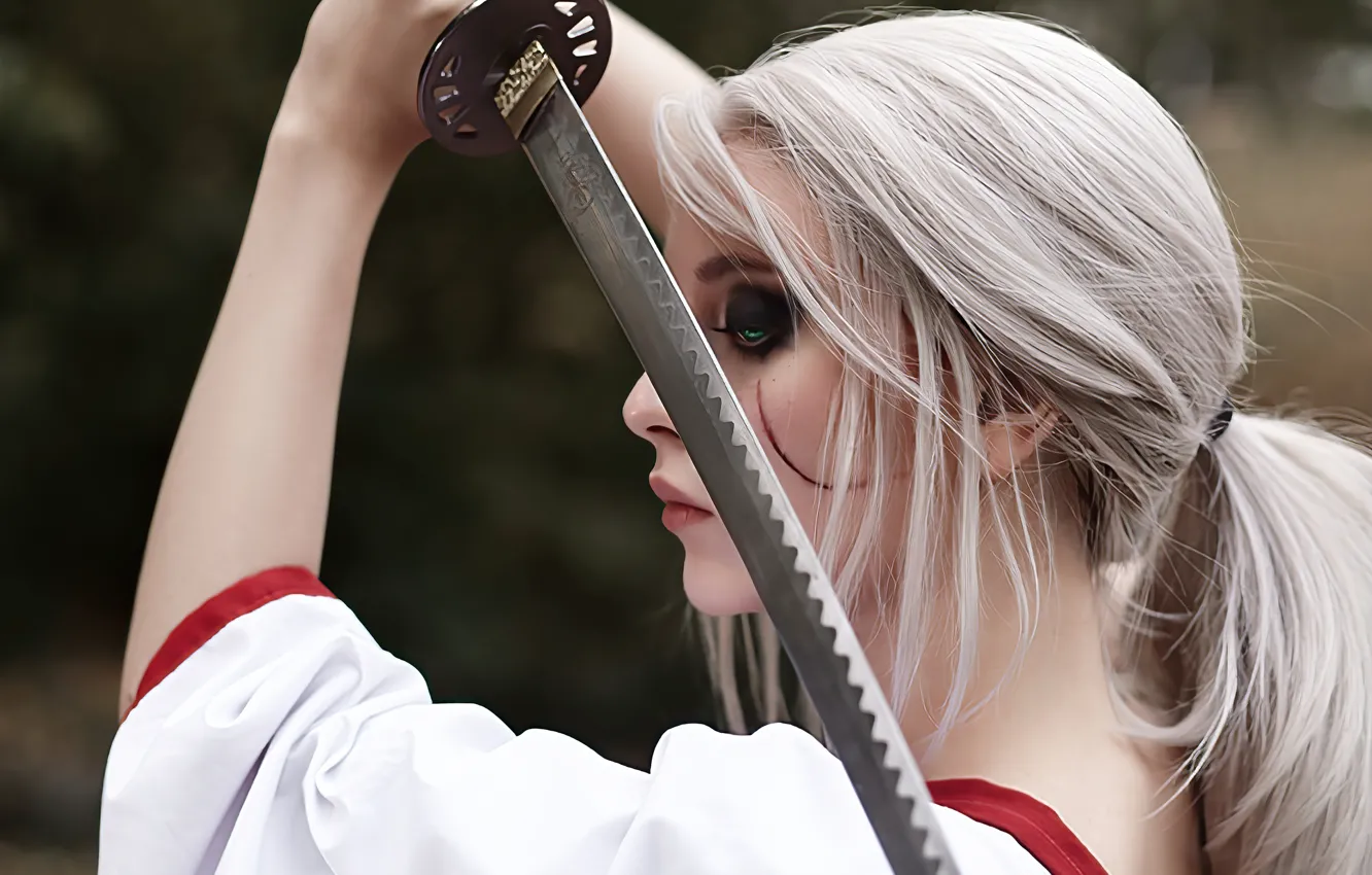 Photo wallpaper The Witcher, green eyes, green eyes, cosplay, blurred background, cosplay, Ciri, blurry background