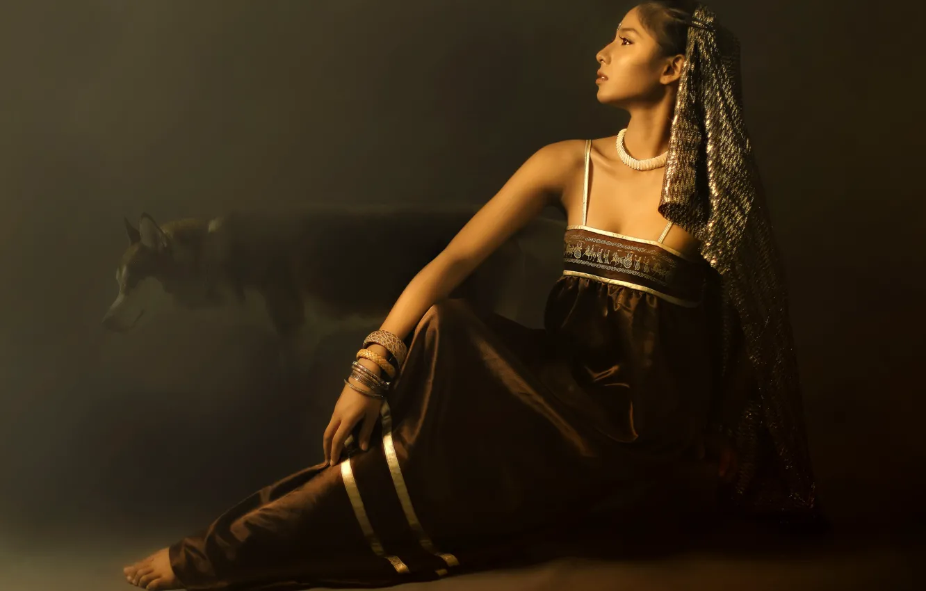 Photo wallpaper girl, face, pose, the dark background, dog, costume, bracelet, Asian