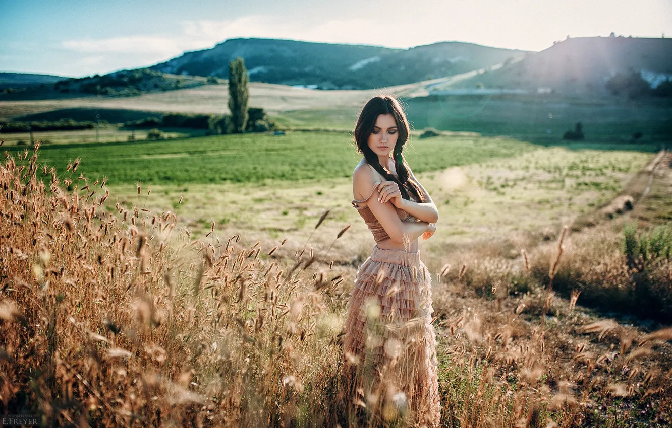 Photo wallpaper field, grass, the sun, landscape, hills, skirt, makeup, brunette