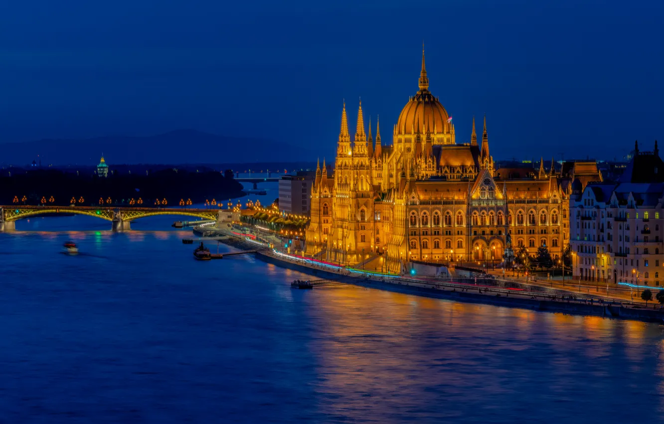 Photo wallpaper bridge, river, the building, architecture, night city, promenade, Hungary, Hungary
