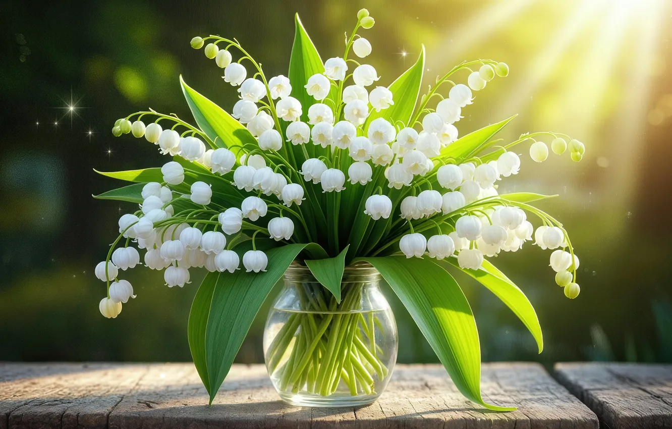 Photo wallpaper neural network, flowers, bouquet, AI art, lilies of the valley