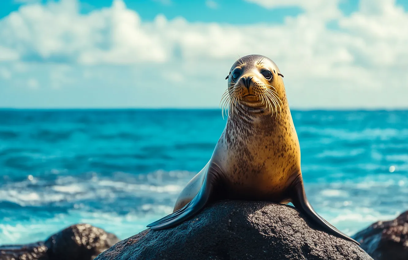 Photo wallpaper sea, look, clouds, light, blue, stones, shore, face