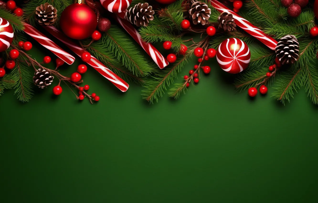 Photo wallpaper balls, branches, red, new year, Christmas, needles, bumps, green background