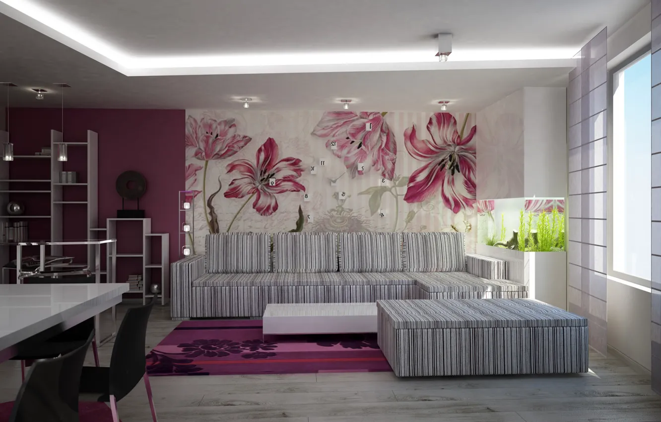 Photo wallpaper style, sofa, watch, Interior