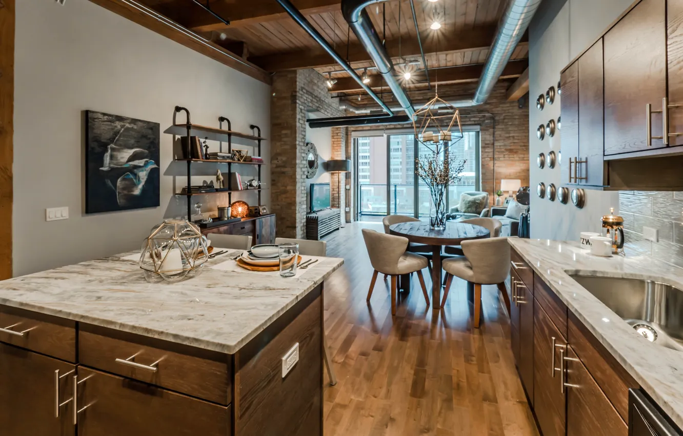 Photo wallpaper style, timber, interior, Streeterville, apartment, Loft, exposed brick