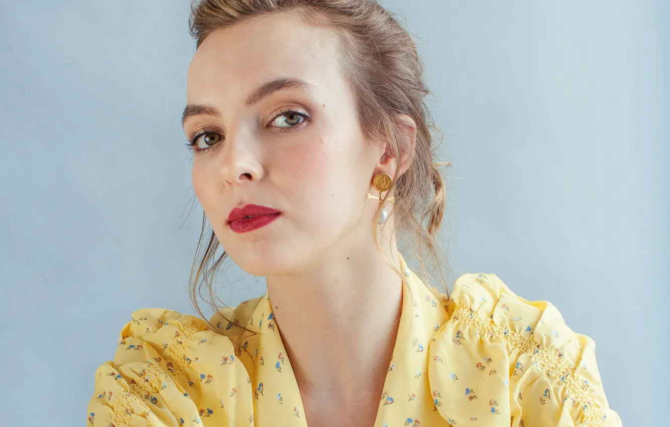 Photo wallpaper eyes, girl, background, hair, earrings, dress, actress, hairstyle