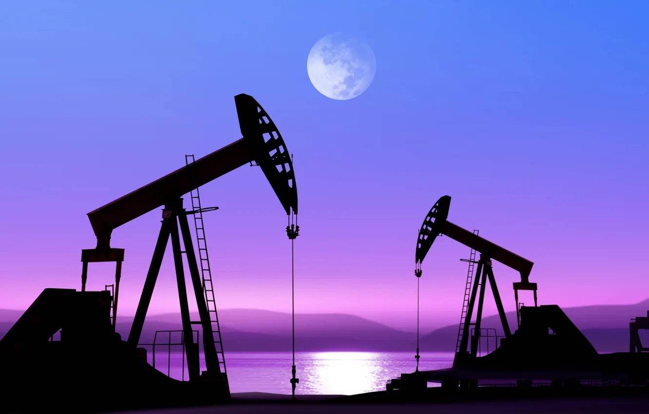 Photo wallpaper water, mountains, night, nature, the moon, shore, Oil rigs