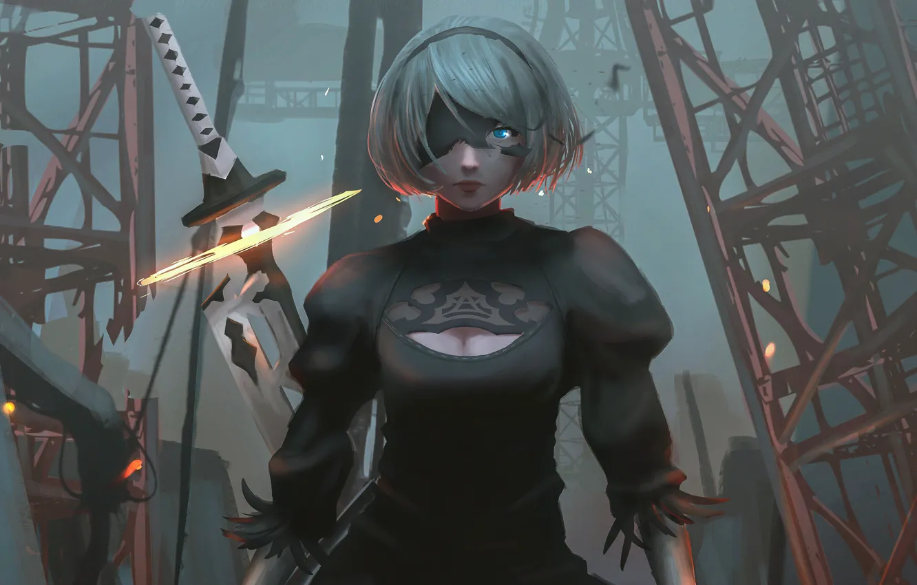 Photo wallpaper night, weapons, design, sword, blonde, haze, sword, black dress