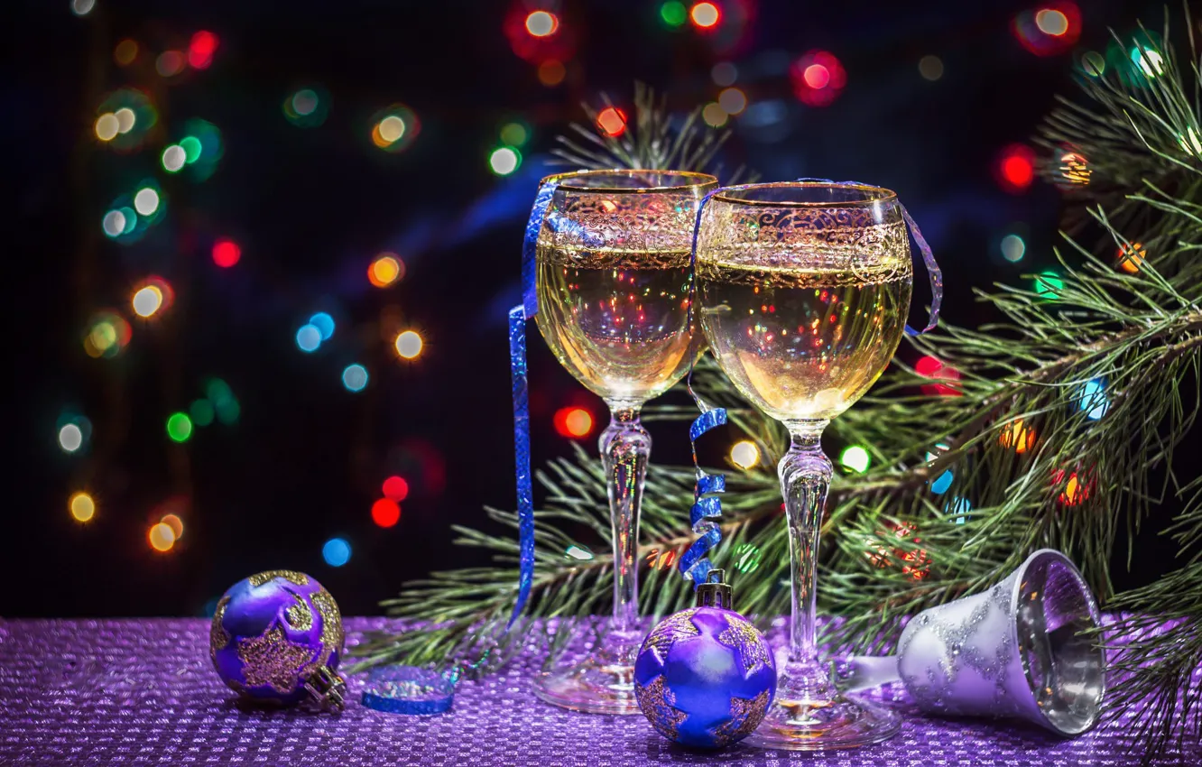 Photo wallpaper toys, tree, glasses, New year, champagne, bokeh