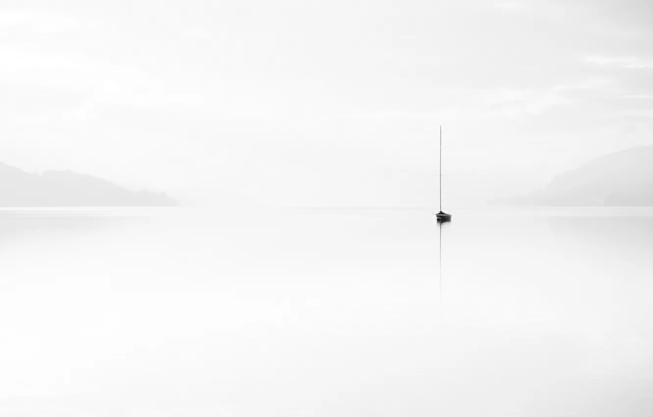 Photo wallpaper landscape, fog, lake, boat, minimalism