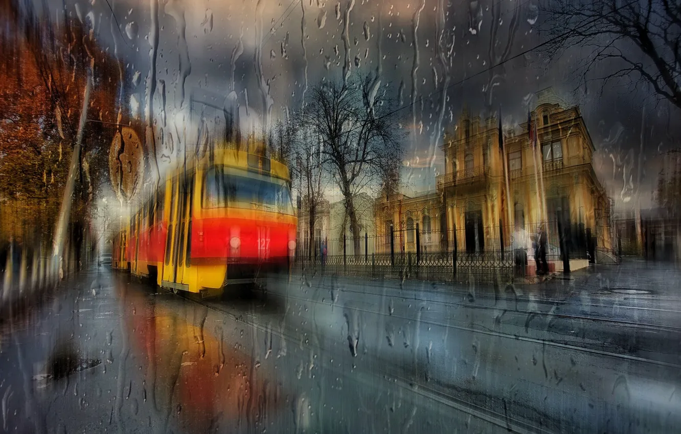 Photo wallpaper the city, rain, building, tram, Paul Sahaidak