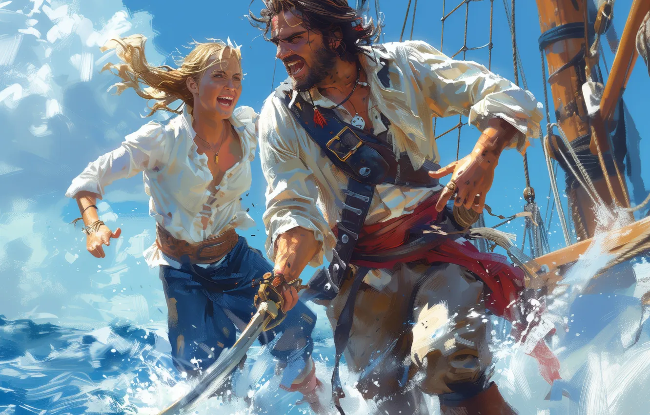 Photo wallpaper wave, girl, pirate, male, two, saber, digital art, AI art