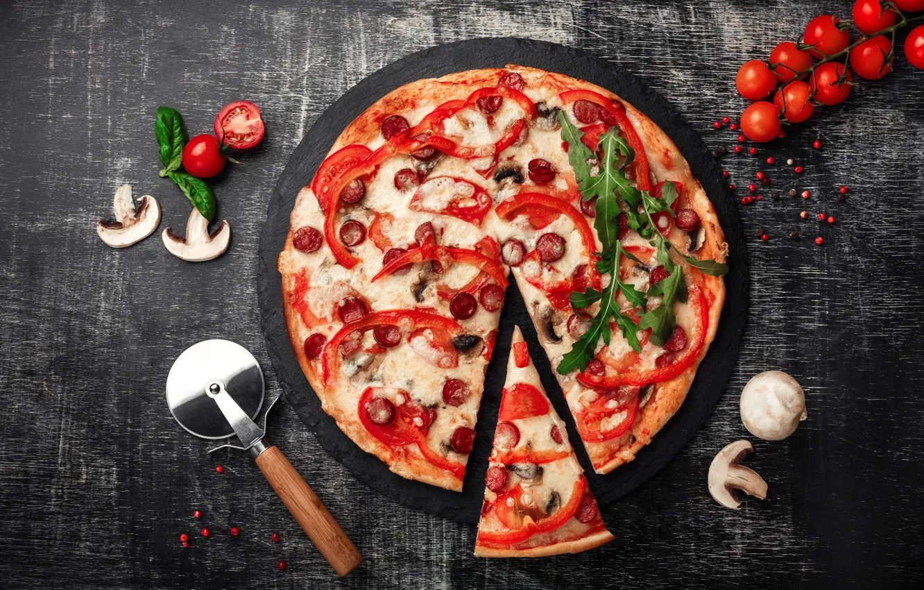 Photo wallpaper mushrooms, pizza, tomatoes