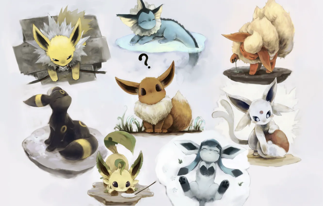 Photo wallpaper art, white background, cuties, pokemon, pokemon