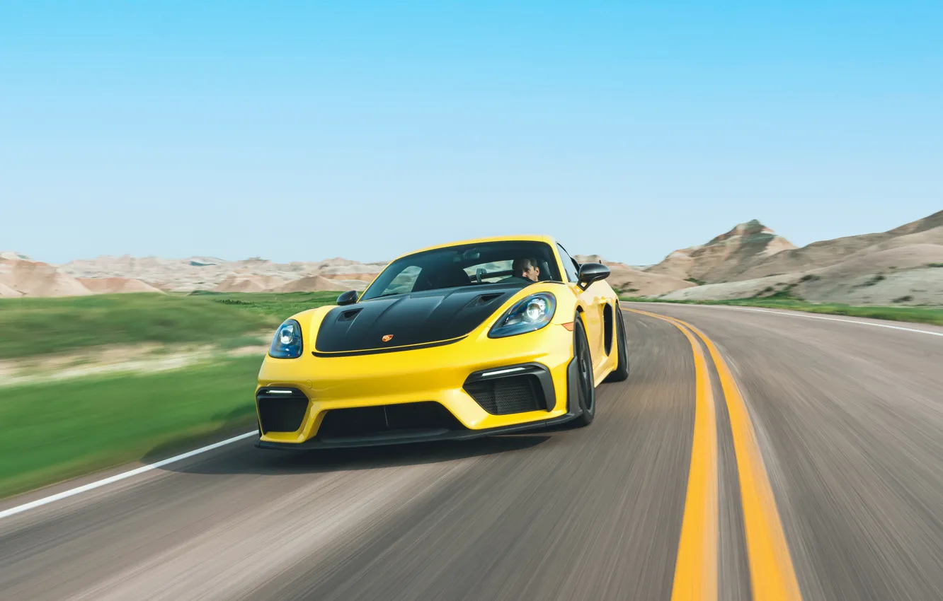 Photo wallpaper car, Porsche, Cayman, yellow, Weissach Package, 718, Porsche 718 Cayman GT4 RS