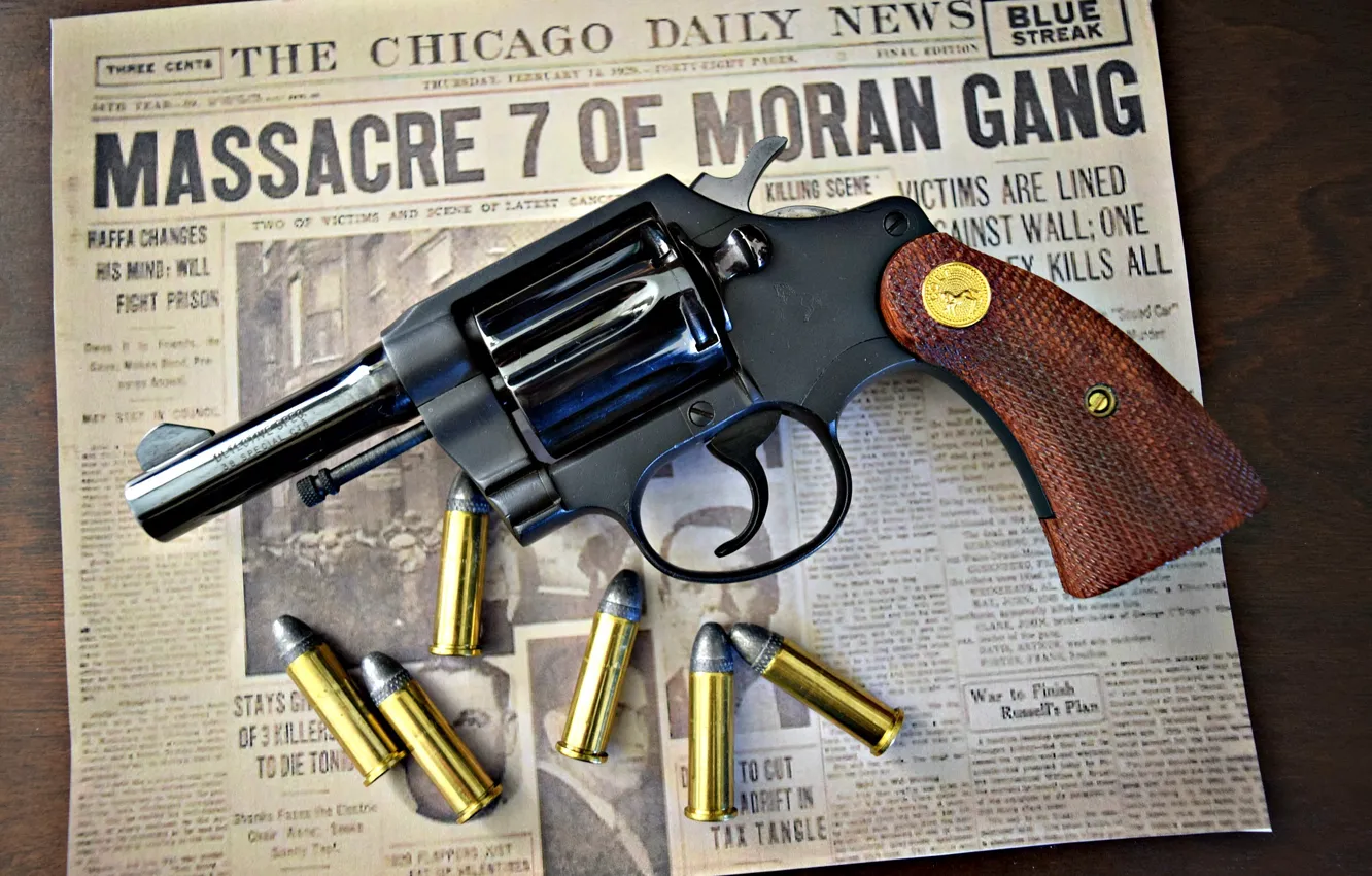 Photo wallpaper weapons, newspaper, cartridges, revolver, Colt