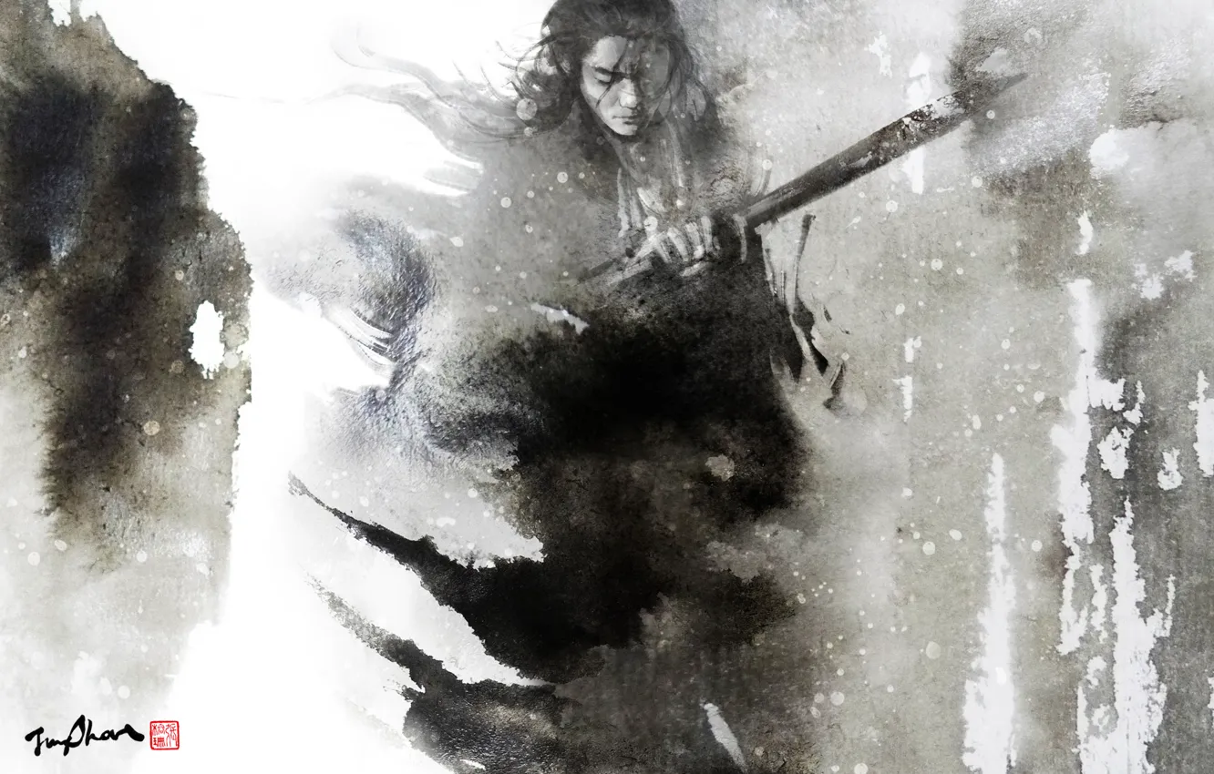 Photo wallpaper figure, sword, watercolor, male, Samurai