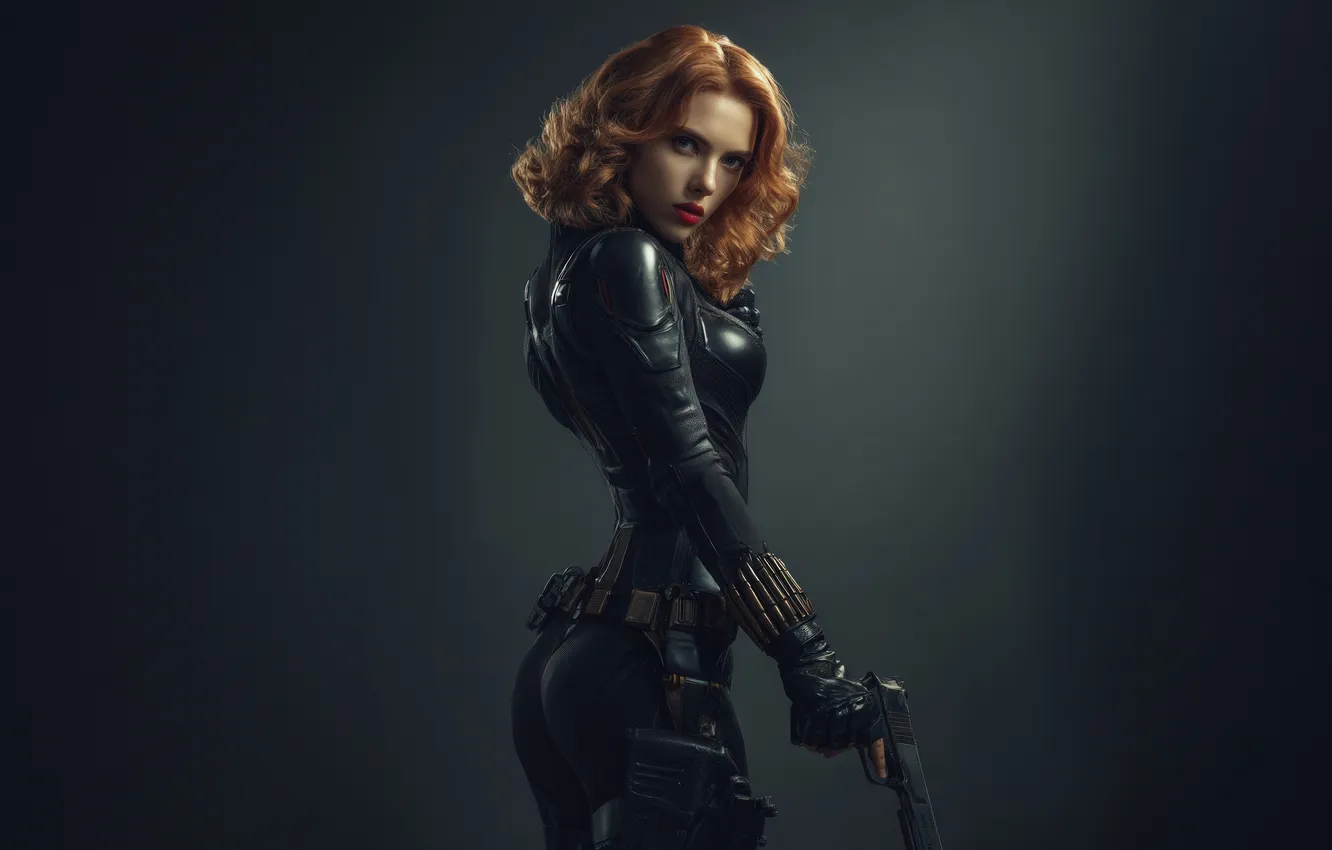 Photo wallpaper gun, background, Scarlett Johansson, art, costume, red, Scarlett Johansson, beauty