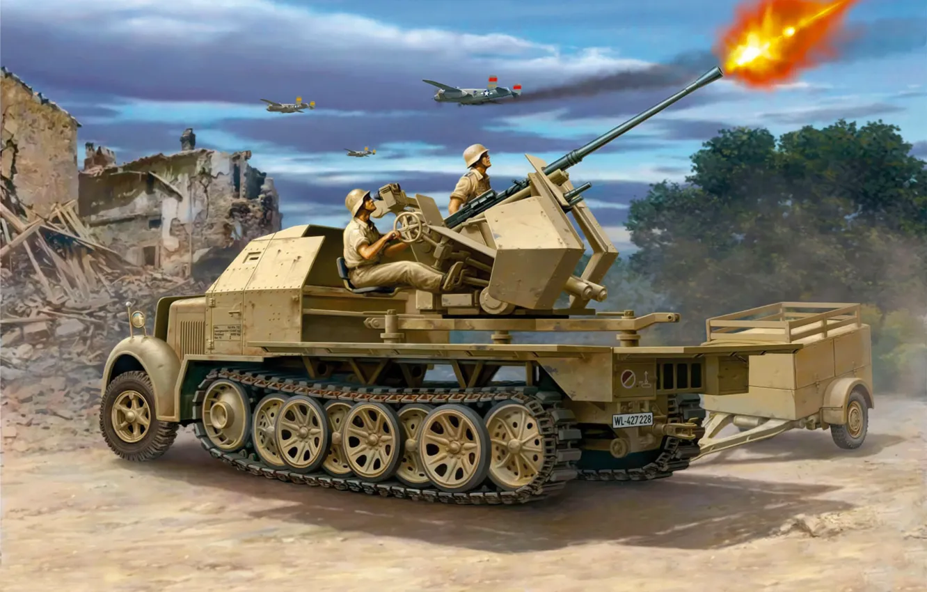 Photo wallpaper war, art, painting, WW2, Flakpanzer, Sd.Car.7/2