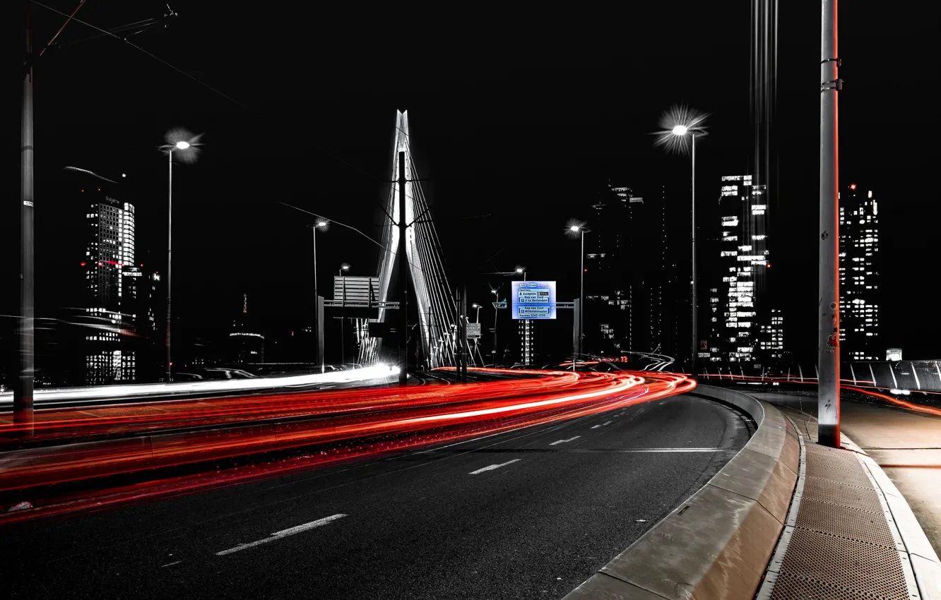 Photo wallpaper night, lights, Rotterdam, Speedlanes