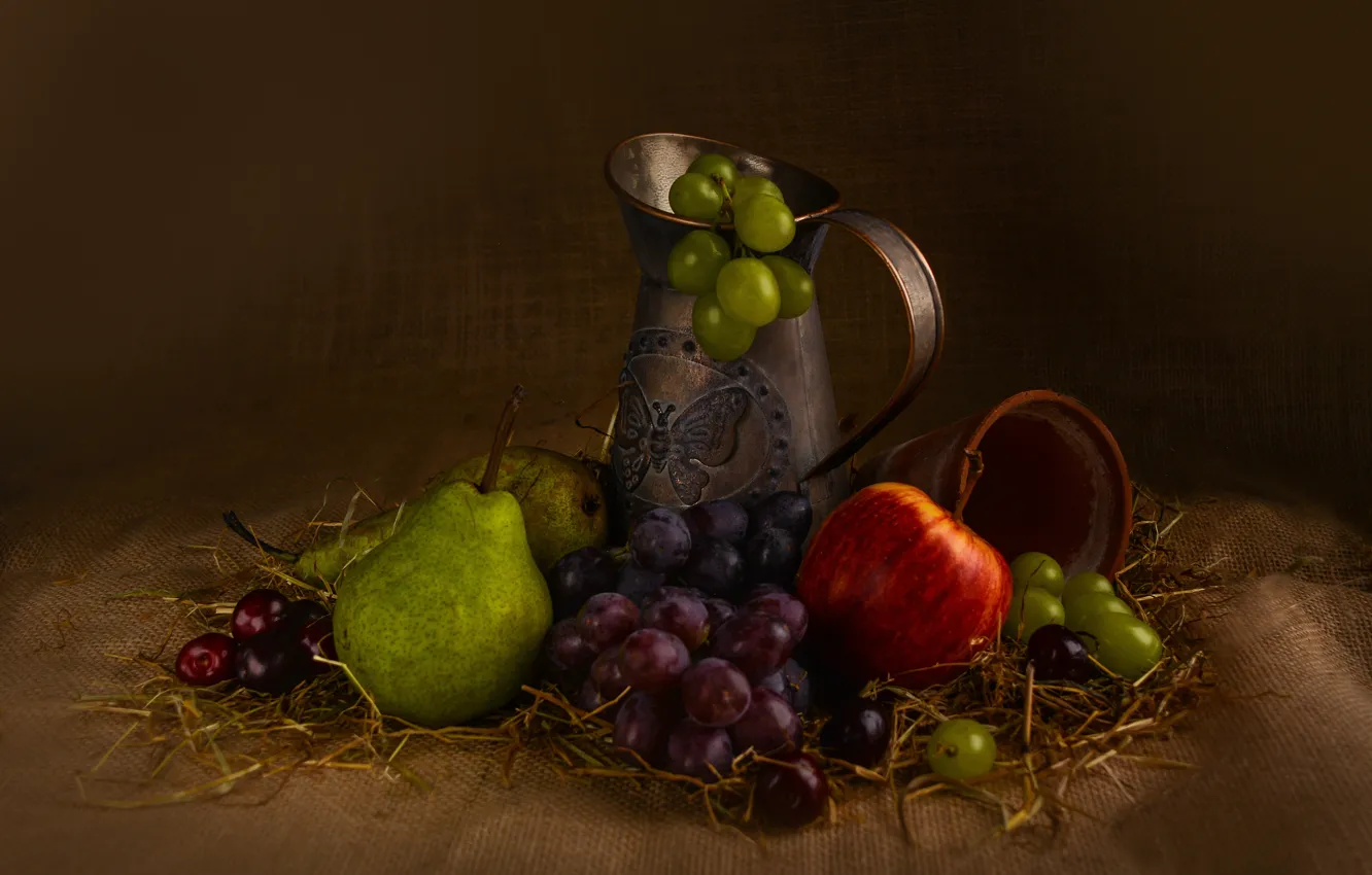 Photo wallpaper the dark background, apples, food, grapes, pot, straw, pitcher, fruit