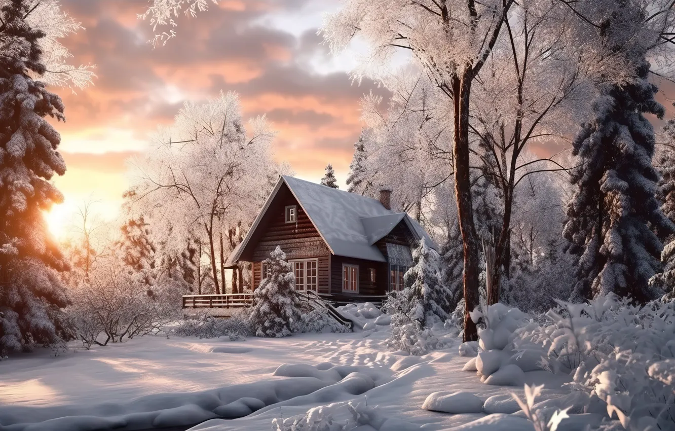 Photo wallpaper winter, forest, snow, frost, house, house, hut, rustic