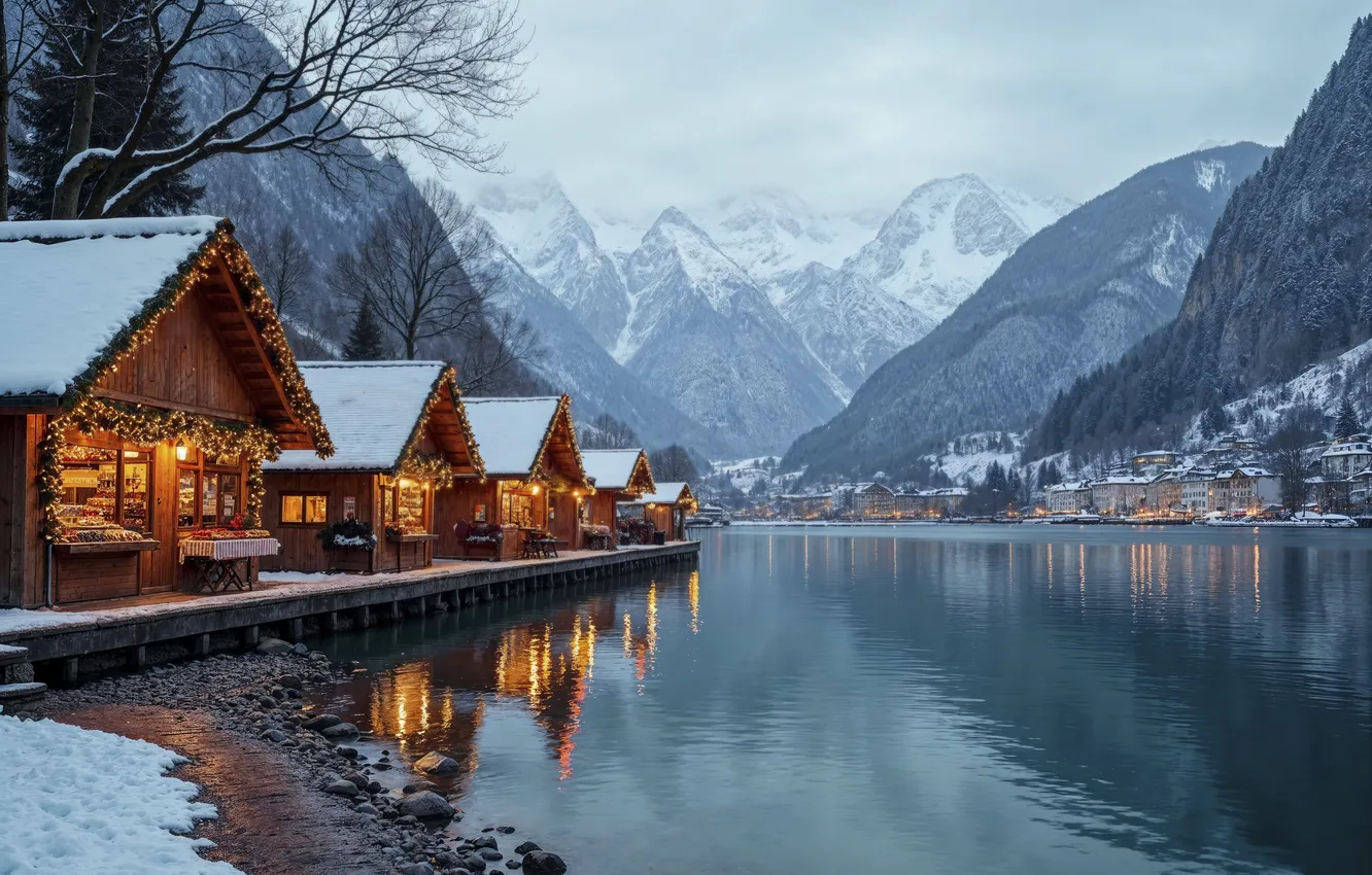 Photo wallpaper winter, snow, decoration, mountains, city, the city, lake, street