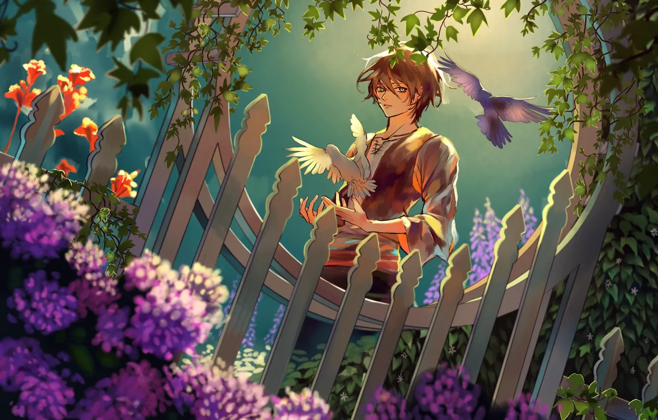 Photo wallpaper the fence, garden, pigeons, guy, wicket, art, hydrangea, ivy