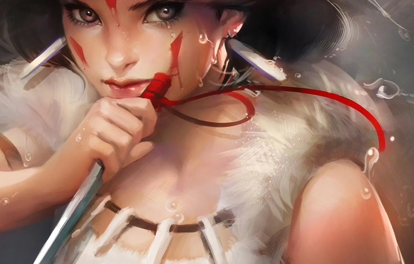 Photo wallpaper girl, drops, tears, art, tattoo, dagger, Princess Mononoke, sakimichan