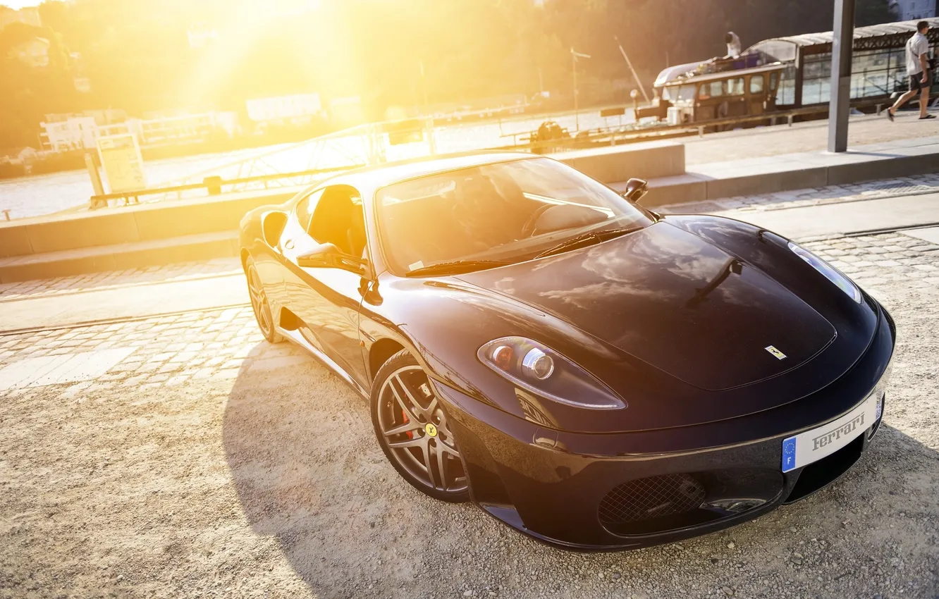 Photo wallpaper sunset, glare, black, F430, Ferrari, Ferrari, black, the front