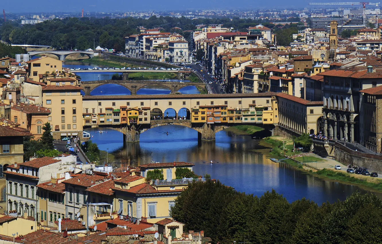 Photo wallpaper the sky, trees, bridge, river, home, Italy, panorama, Florence