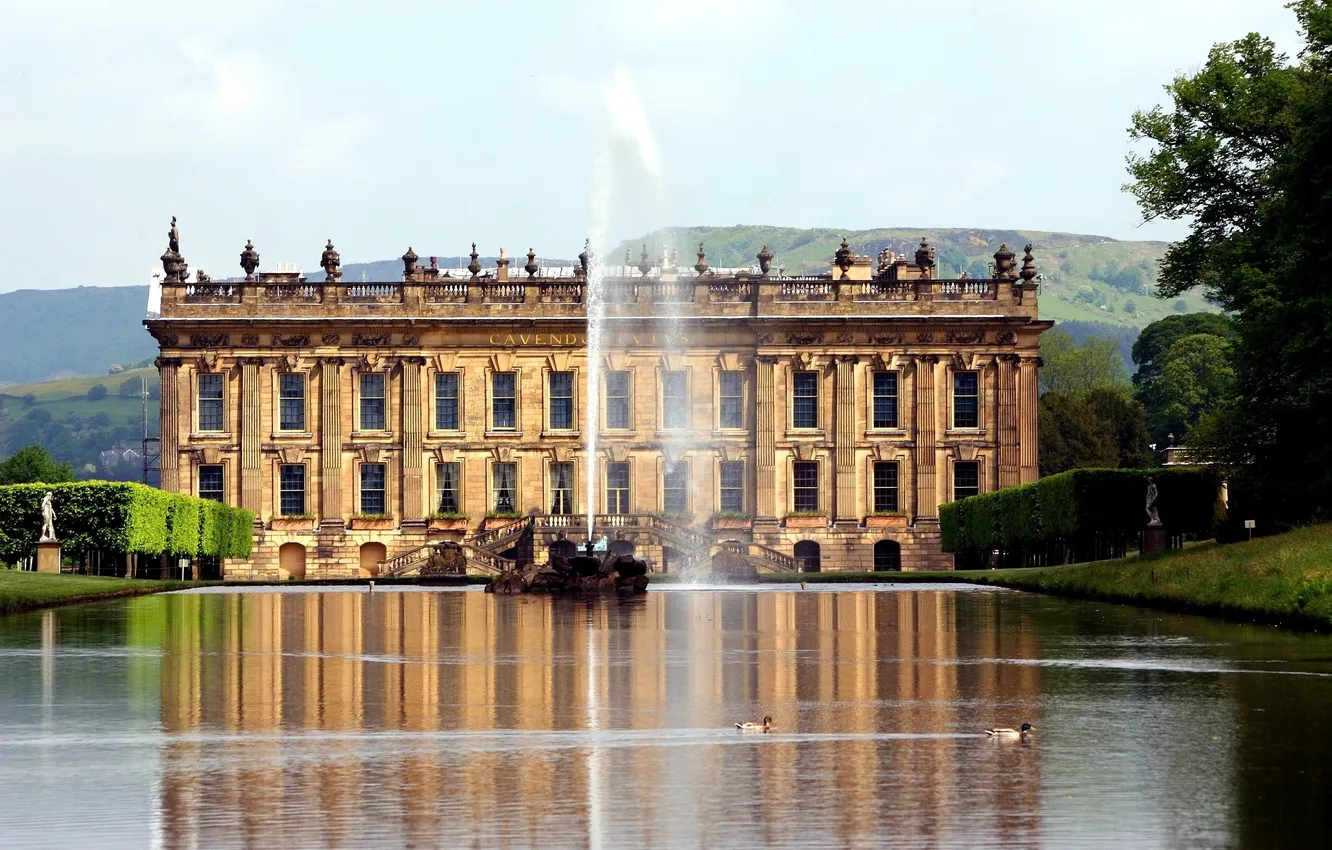 Photo wallpaper England, duck, Castle, fountain, Palace, England, the estate, Chatsworth House
