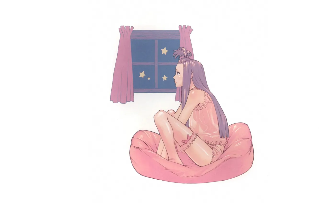 Photo wallpaper underwear, pillow, window, purple hair, in profile, garter for stockings, by Yuusuke Kozaki, Speed Grapher
