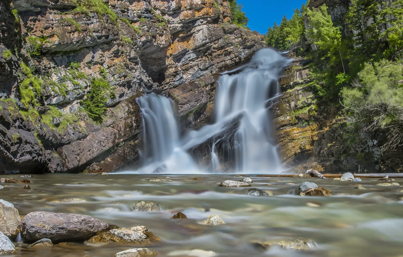 Photo wallpaper mountains, river, stones, waterfall, Canada, Albert, Alberta, Canada