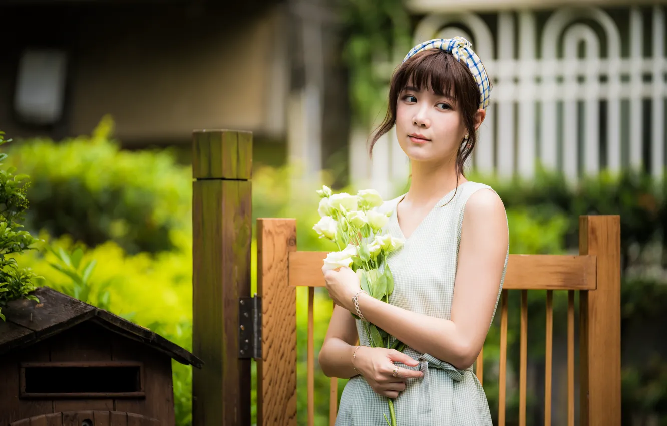 Photo wallpaper girl, flowers, bouquet, Asian, cutie, bokeh